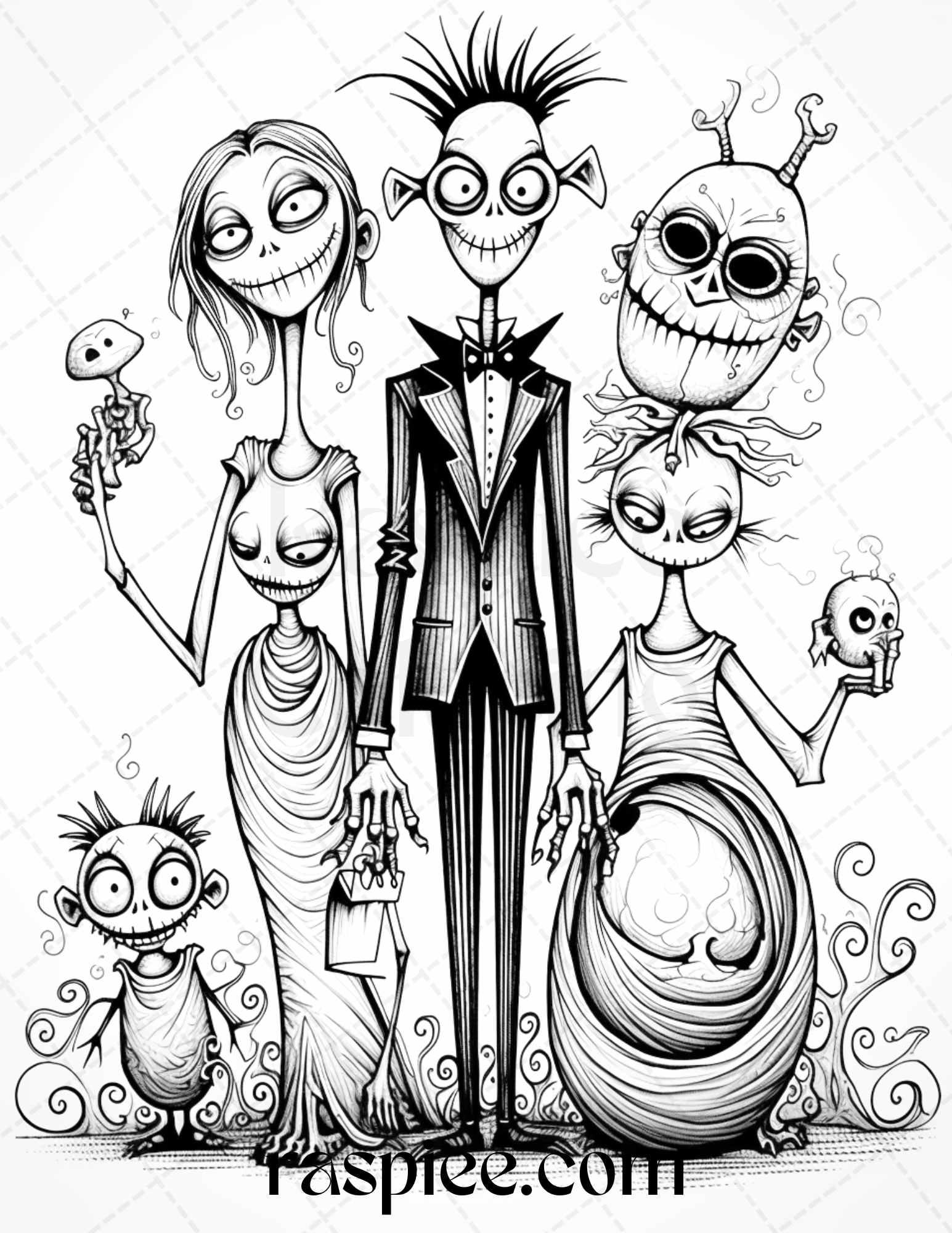 50 Monster Family Grayscale Coloring Pages Printable for Adults - Instant Download, Halloween Coloring Book, Fun and Spooky Designs