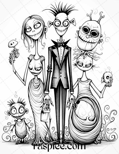 50 Monster Family Grayscale Coloring Pages Printable for Adults - Instant Download, Halloween Coloring Book, Fun and Spooky Designs