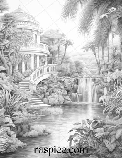 52 Tropical Oasis Grayscale Coloring Pages Printable for Adults, PDF File Instant Download