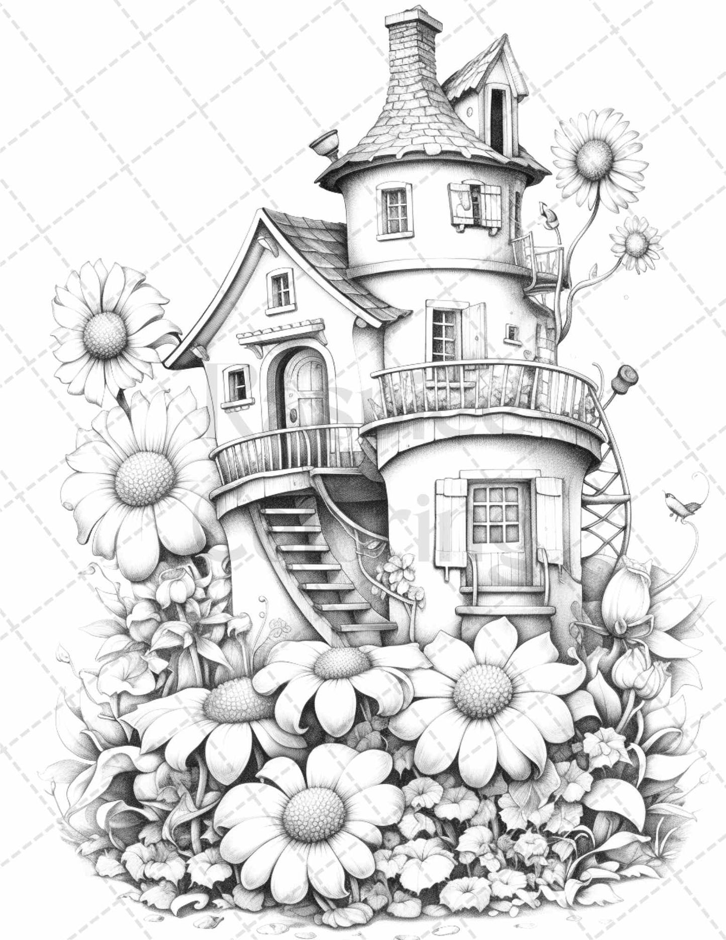 60 Flower Houses Grayscale Coloring Pages Printable for Adults, PDF File Instant Download