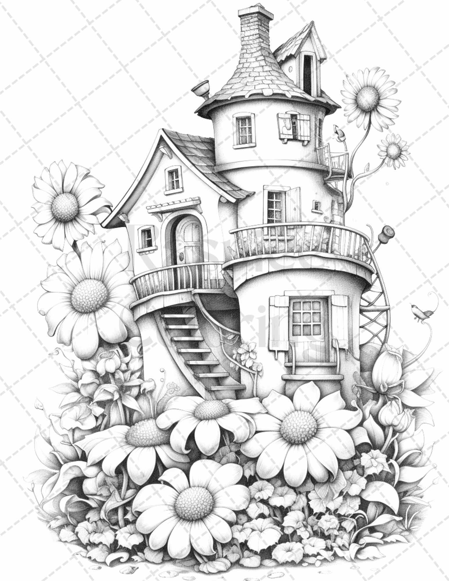 60 Flower Houses Grayscale Coloring Pages Printable for Adults, PDF File Instant Download