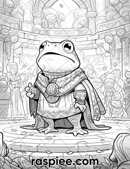 50 The Frog Kingdom Grayscale Coloring Pages for Adults, Printable PDF Instant Download