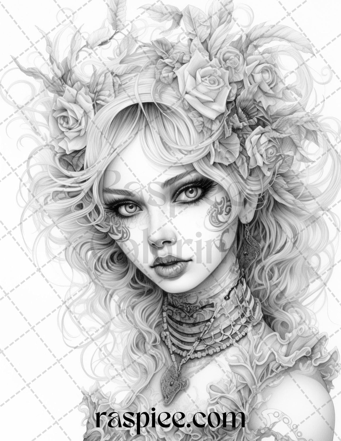 55 Halloween Girls Grayscale Coloring Pages Printable for Adults, PDF File Instant Download