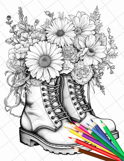 32 Flower Boots Coloring Pages Printable for Adults, Floral Grayscale Coloring Page, PDF File Instant Download