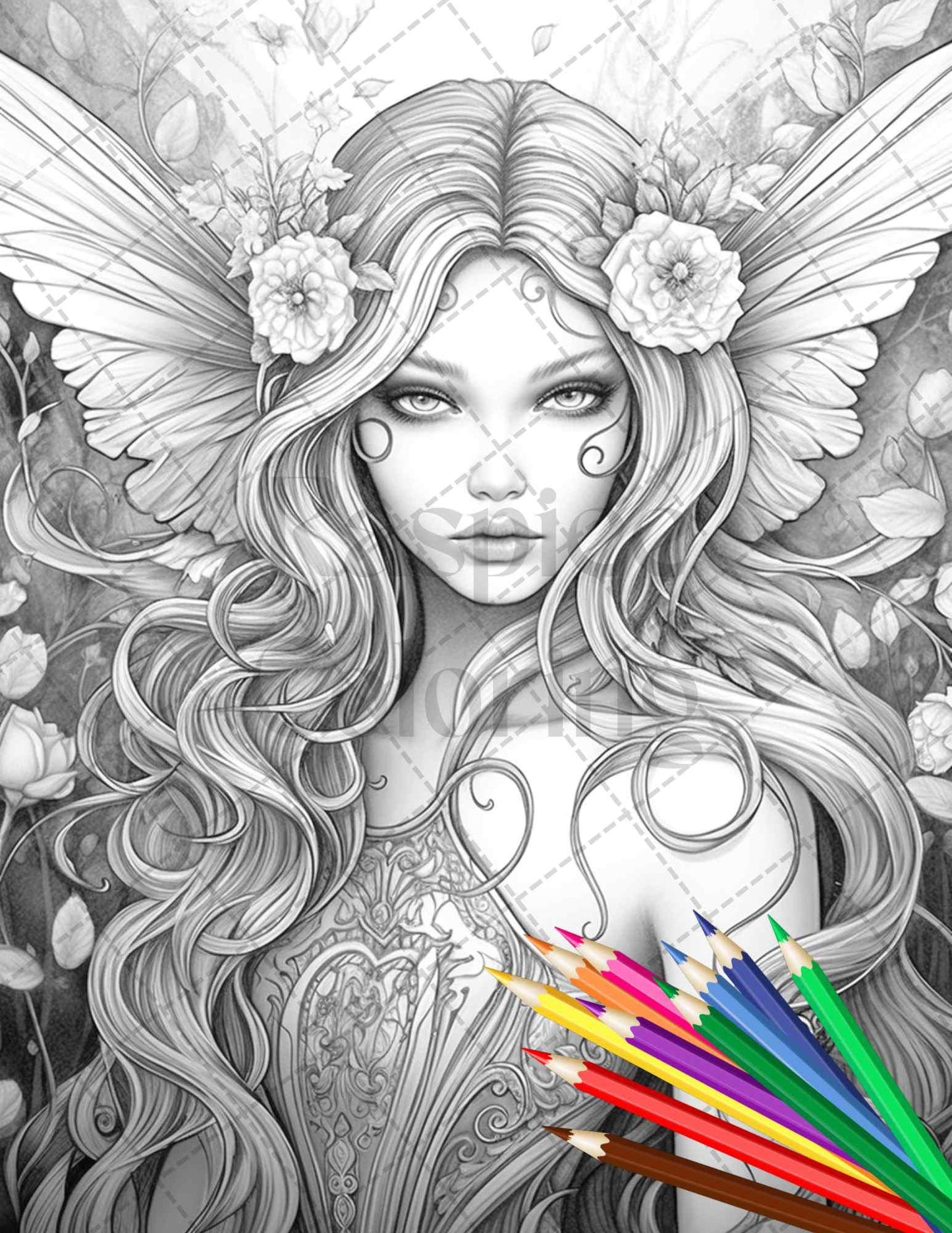 Beautiful Dark Fairy Grayscale Coloring Pages Printable for Adults, PDF File Instant Download