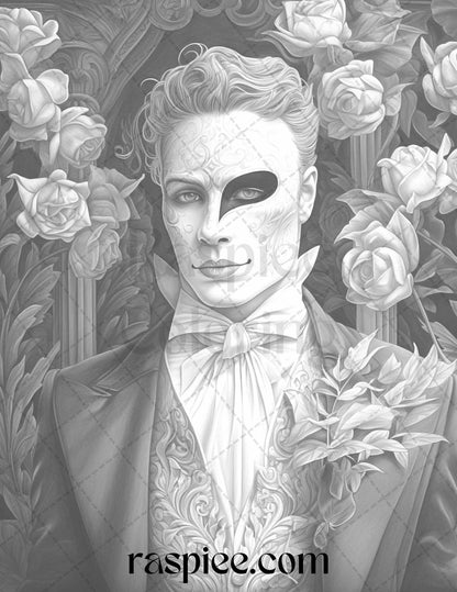 Phantom of the Opera Grayscale Coloring Pages Printable for Adults, PDF File Instant Download