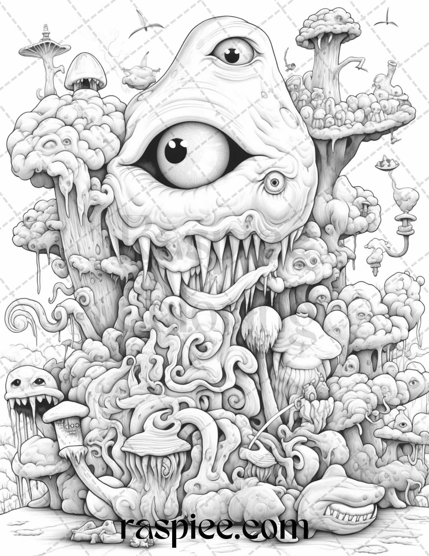 53 Surreal Creatures Grayscale Coloring Pages for Adults, Printable PDF File Instant Download