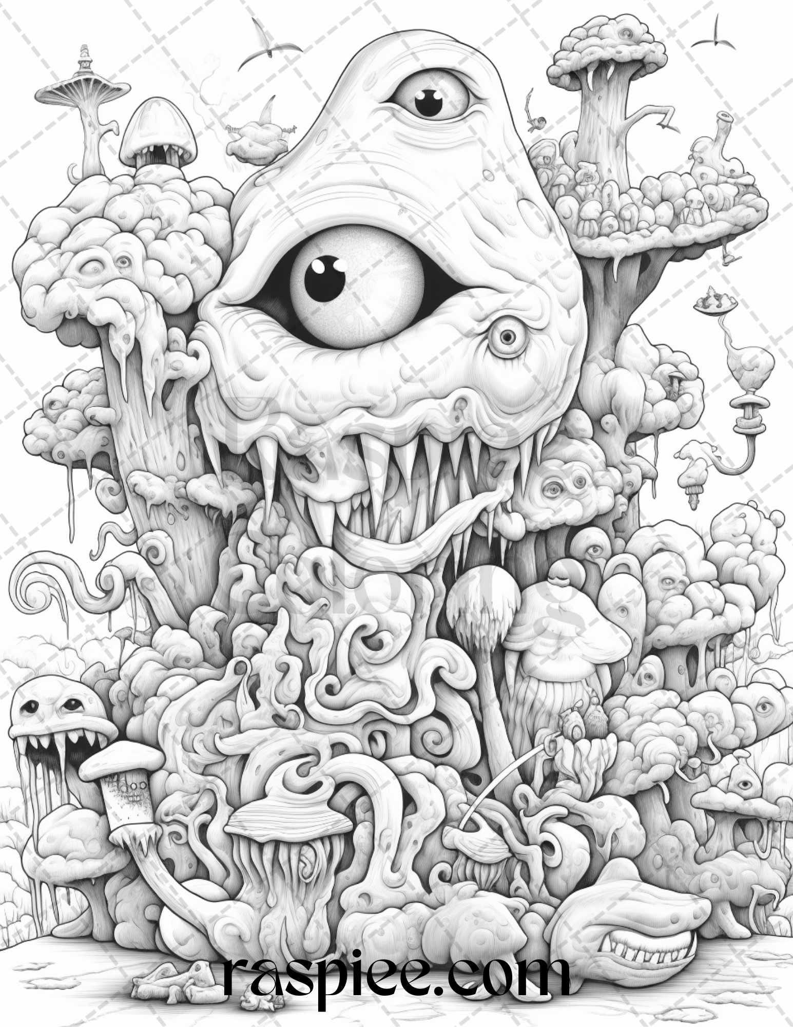 53 Surreal Creatures Grayscale Coloring Pages for Adults, Printable PDF File Instant Download