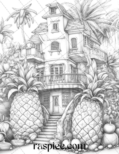 50 Pineapple Houses Grayscale Coloring Pages Printable for Adults, PDF File Instant Download