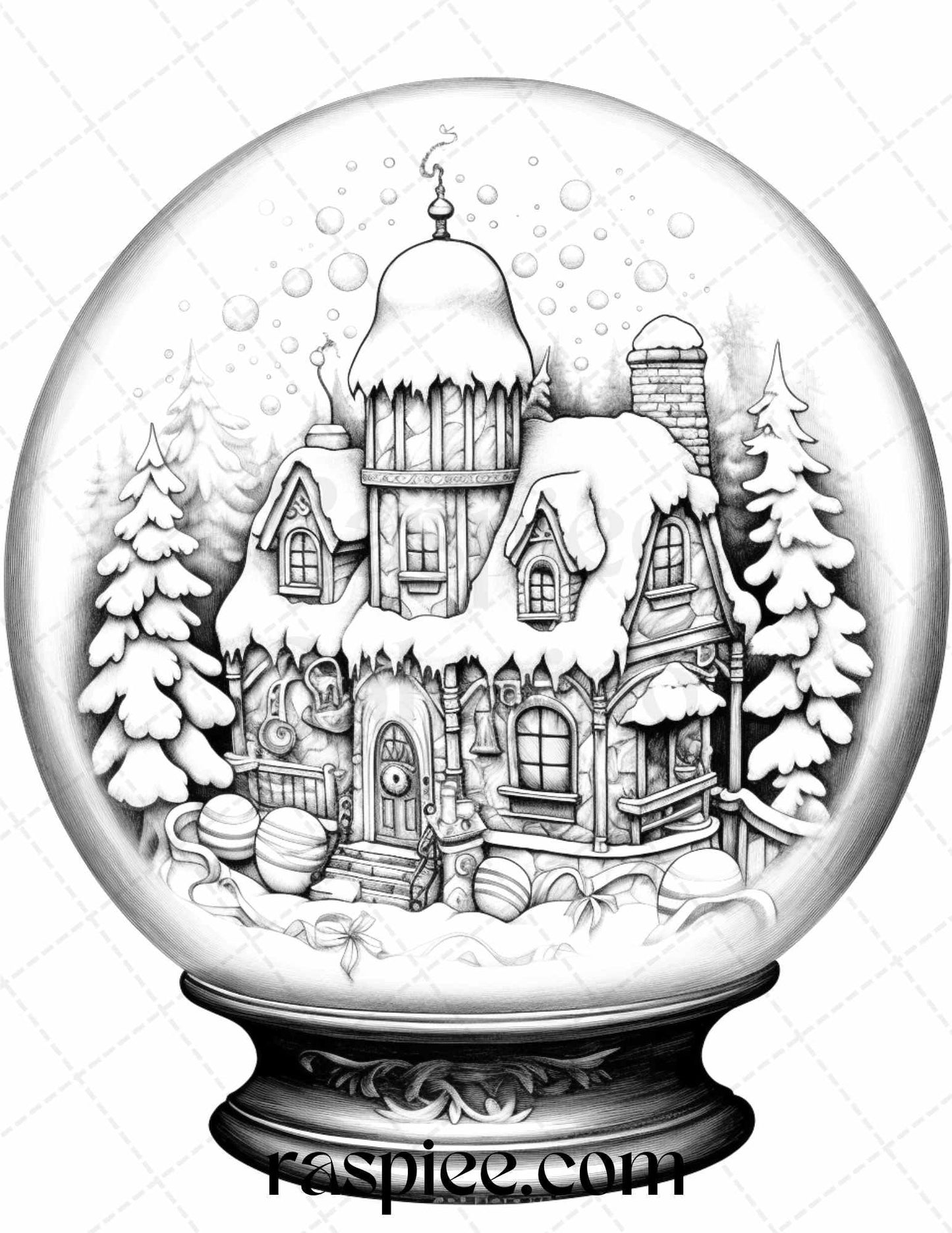 Cozy Cabin in Snow Globe Grayscale Coloring Pages Printable for Adults, PDF File Instant Download