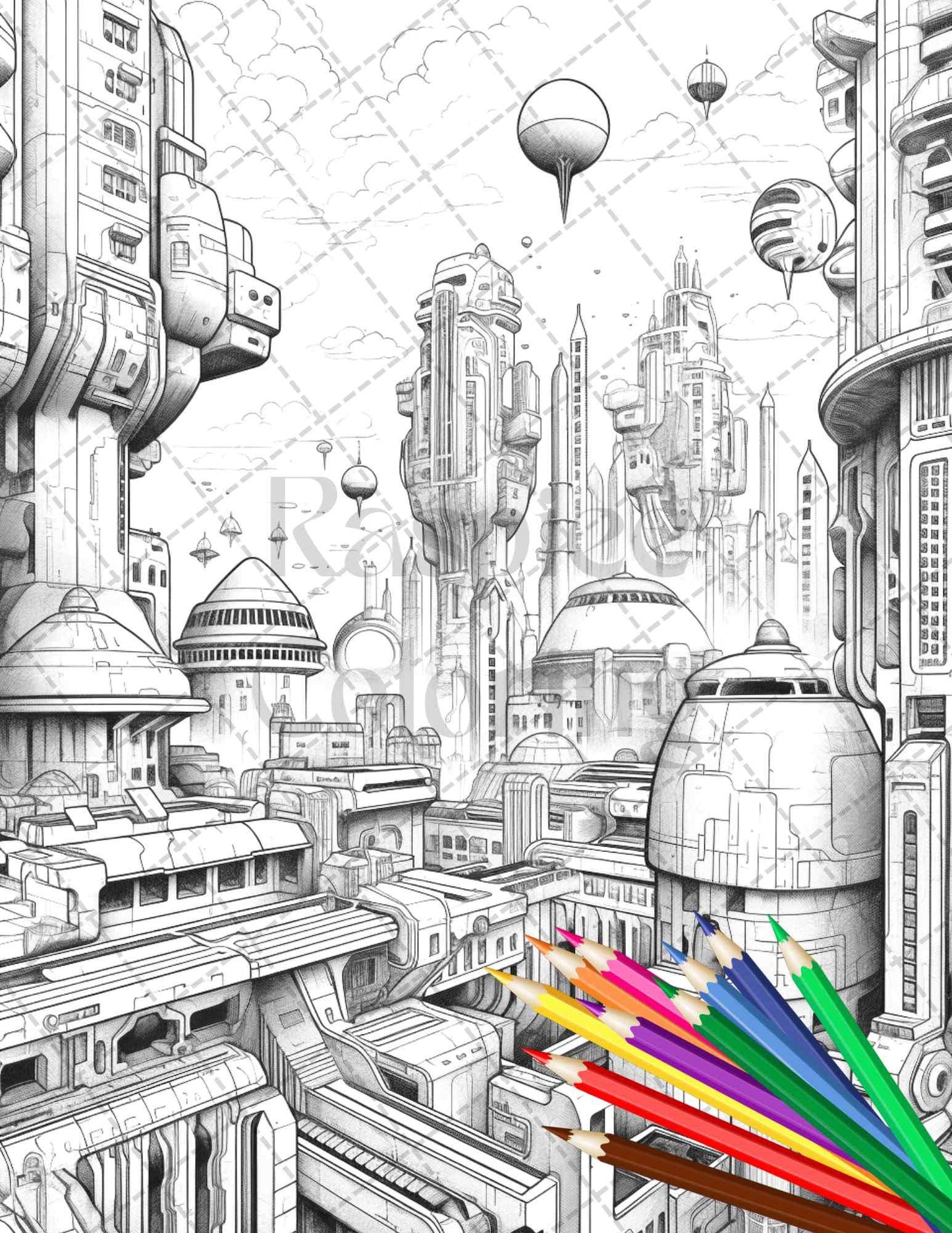 50 Futuristic Metropolis Grayscale Coloring Pages Printable for Adults, PDF File Instant Download