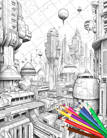 50 Futuristic Metropolis Grayscale Coloring Pages Printable for Adults, PDF File Instant Download