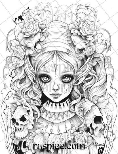 50 Spooky Miss Nightmare Grayscale Coloring Pages Printable for Adults, PDF File Instant Download