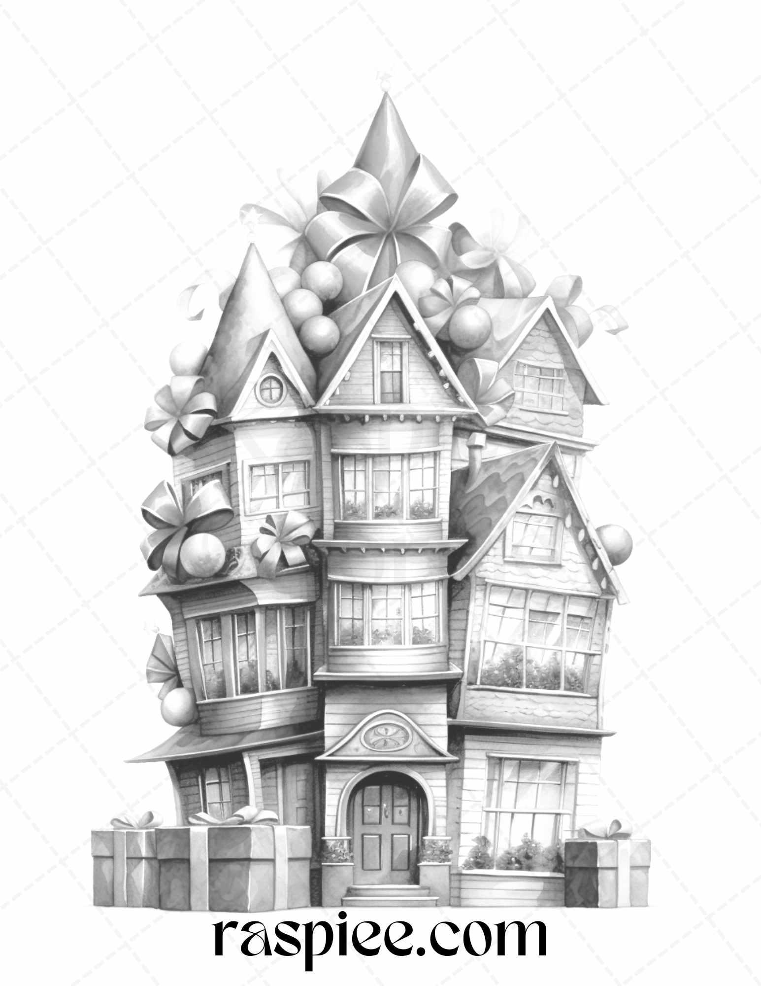 40 Adorable Gift Box Houses Grayscale Coloring Pages Printable for Adults Kids, PDF File Instant Download