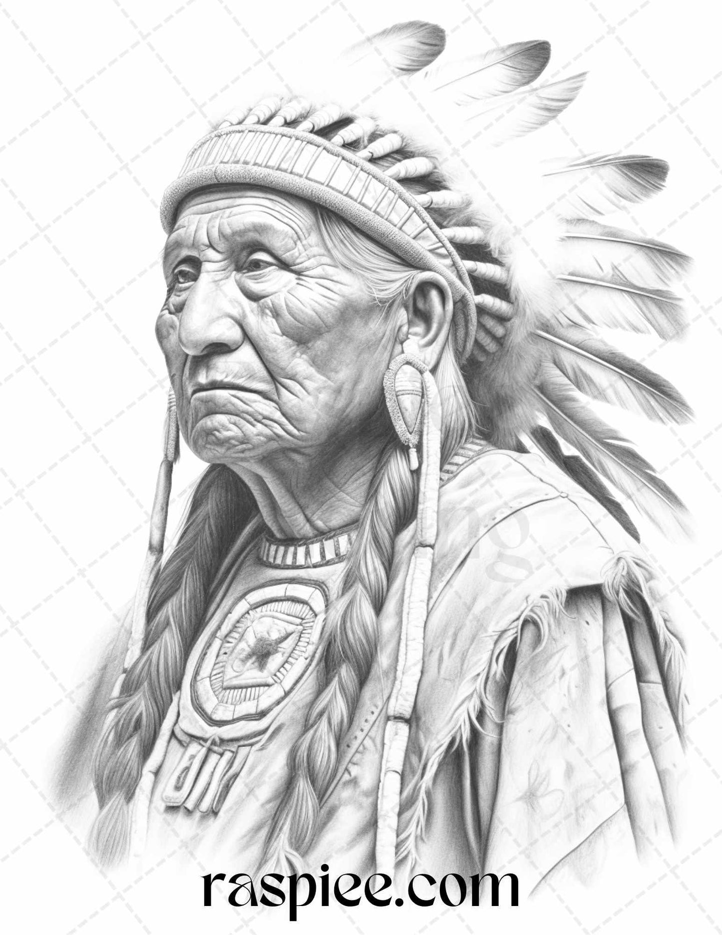 Native American Portrait Grayscale Coloring Pages Printable for Adults, PDF File Instant Download