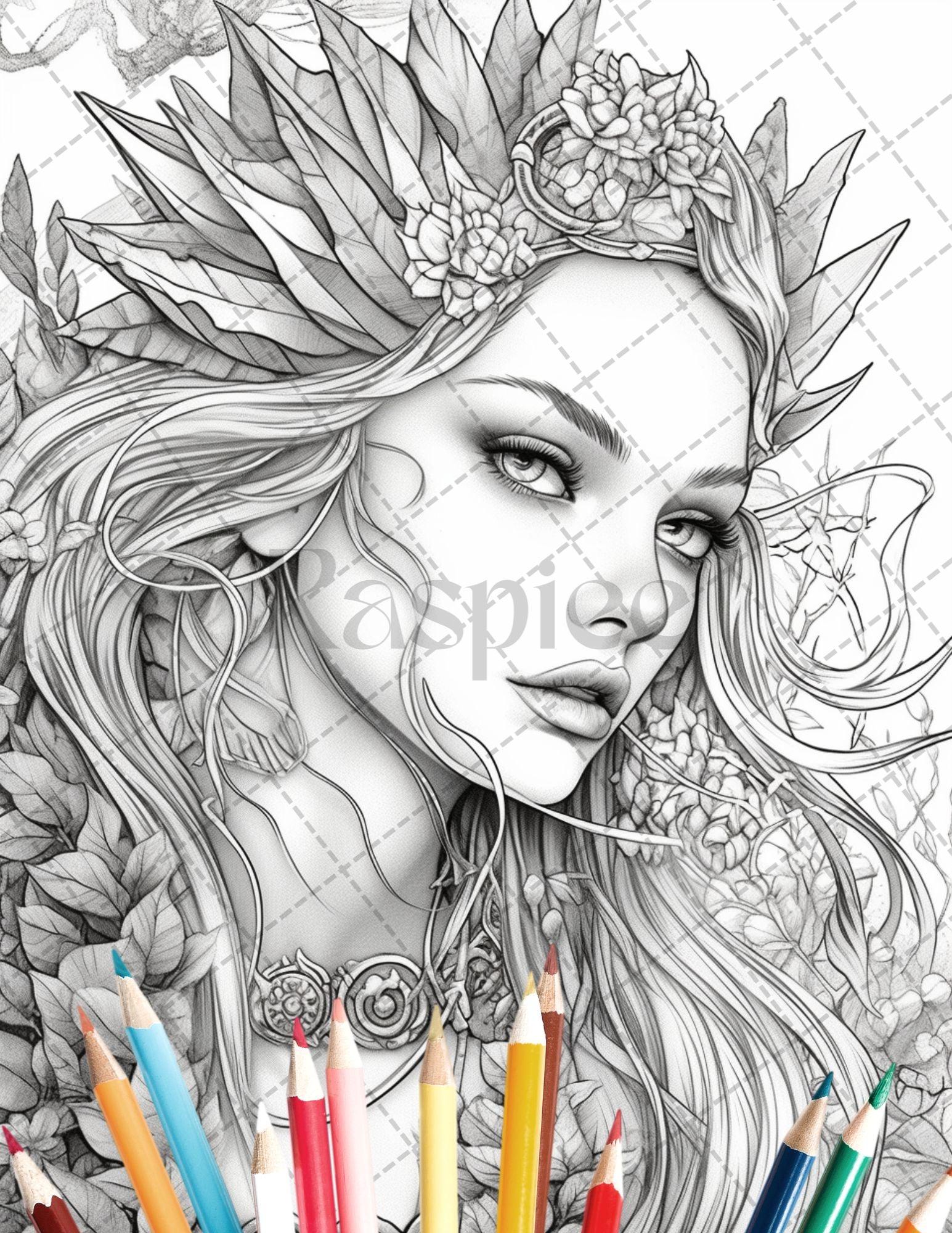 35 Beautiful Printable Elf Girls Coloring Book for Adults, Grayscale Coloring Page, PDF File Instant Download