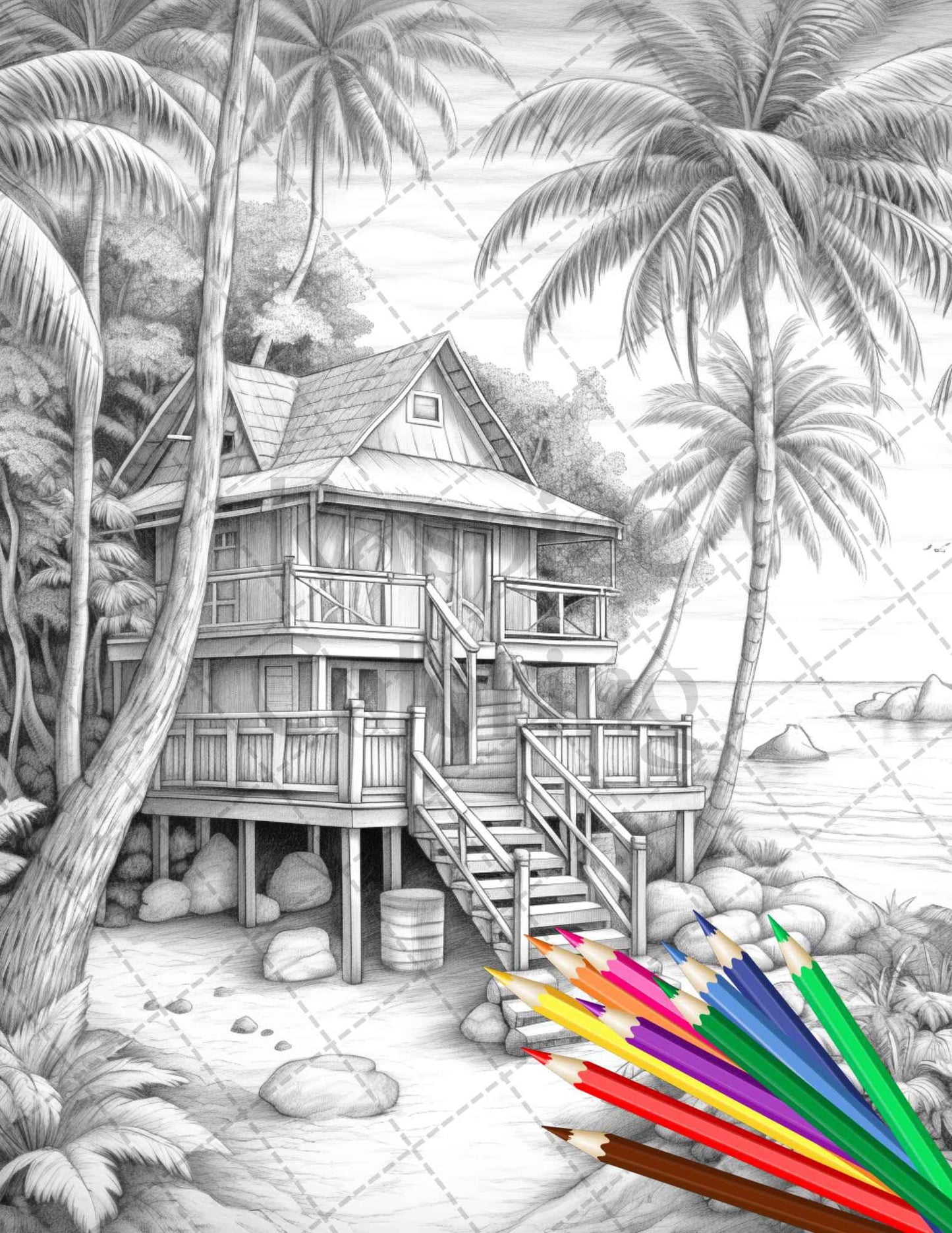 Beautiful Tropical Beach Grayscale Coloring Pages Printable for Adults, PDF File Instant Download