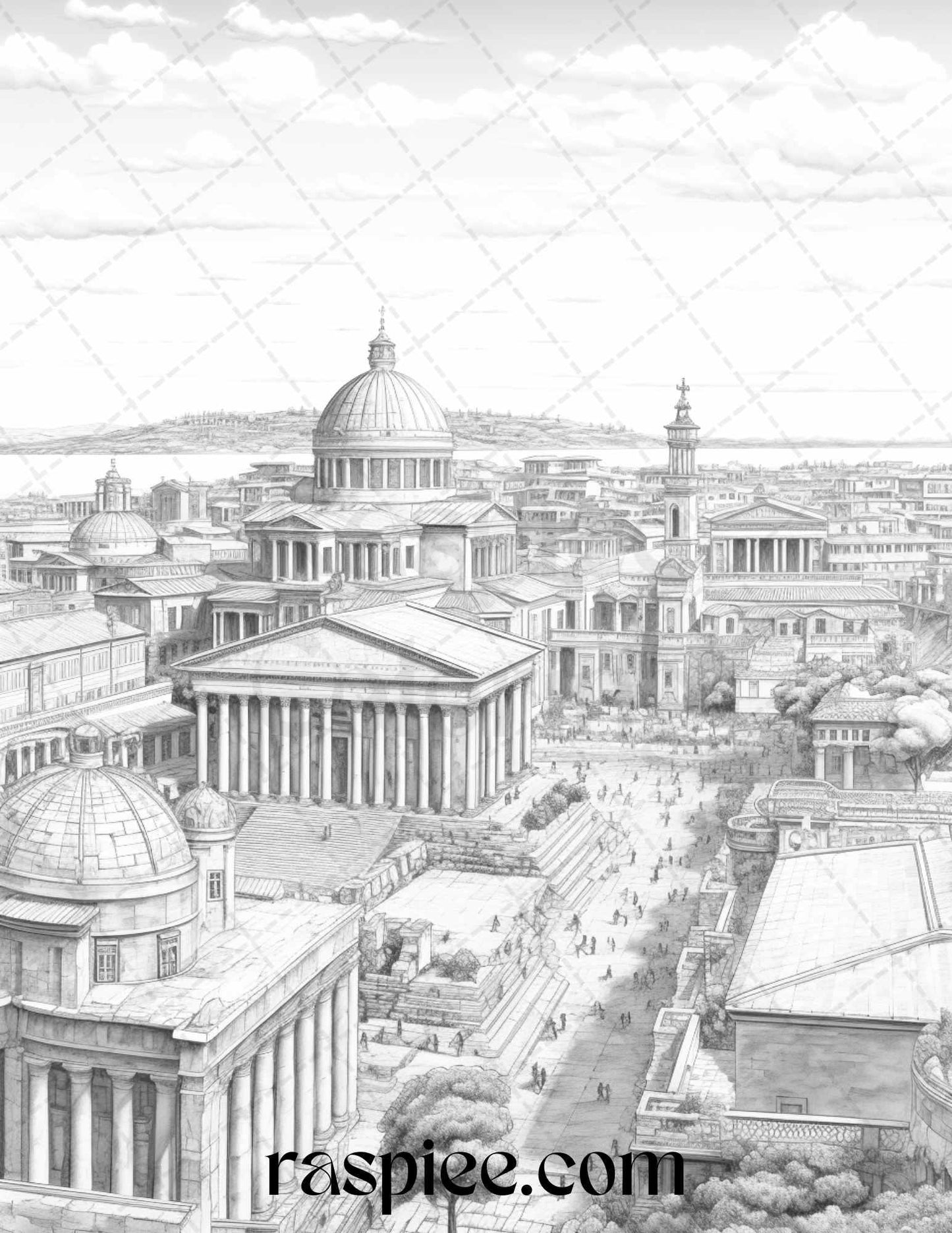 Roman Architecture Grayscale Coloring Pages Printable for Adults, PDF File Instant Download