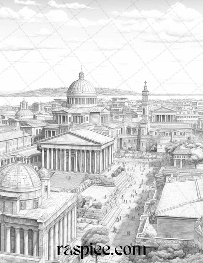 Roman Architecture Grayscale Coloring Pages Printable for Adults, PDF File Instant Download