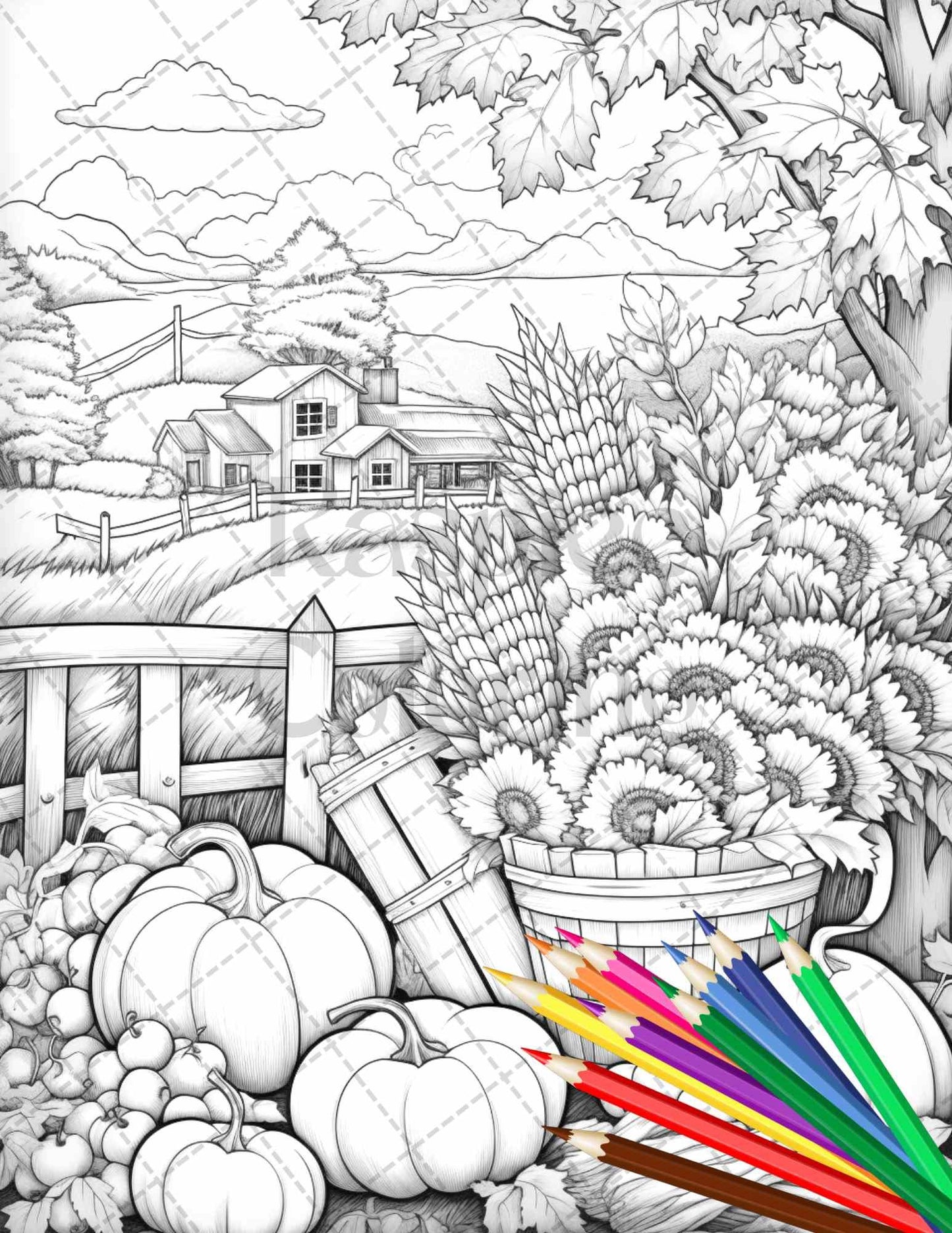 Autumn Harvest Grayscale Coloring Pages Printable for Adults, Relaxing Fall Themed Art, PDF File Instant Download
