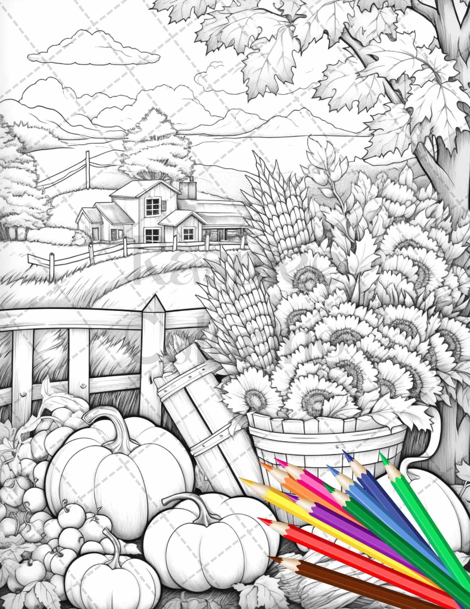 Autumn Harvest Grayscale Coloring Pages Printable for Adults, Relaxing Fall Themed Art, PDF File Instant Download