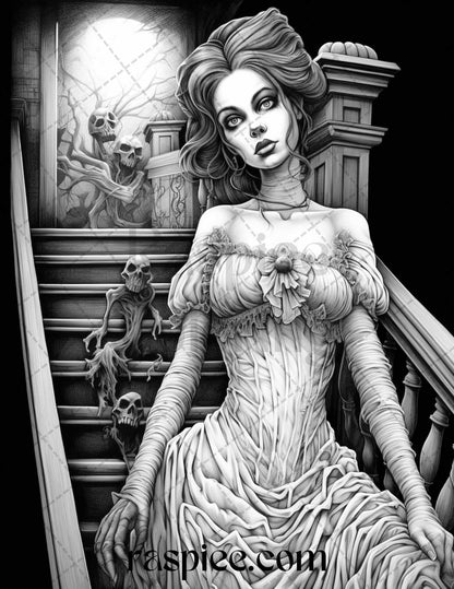 60 Halloween Victorian Era Grayscale Coloring Pages Printable for Adults, PDF File Instant Download