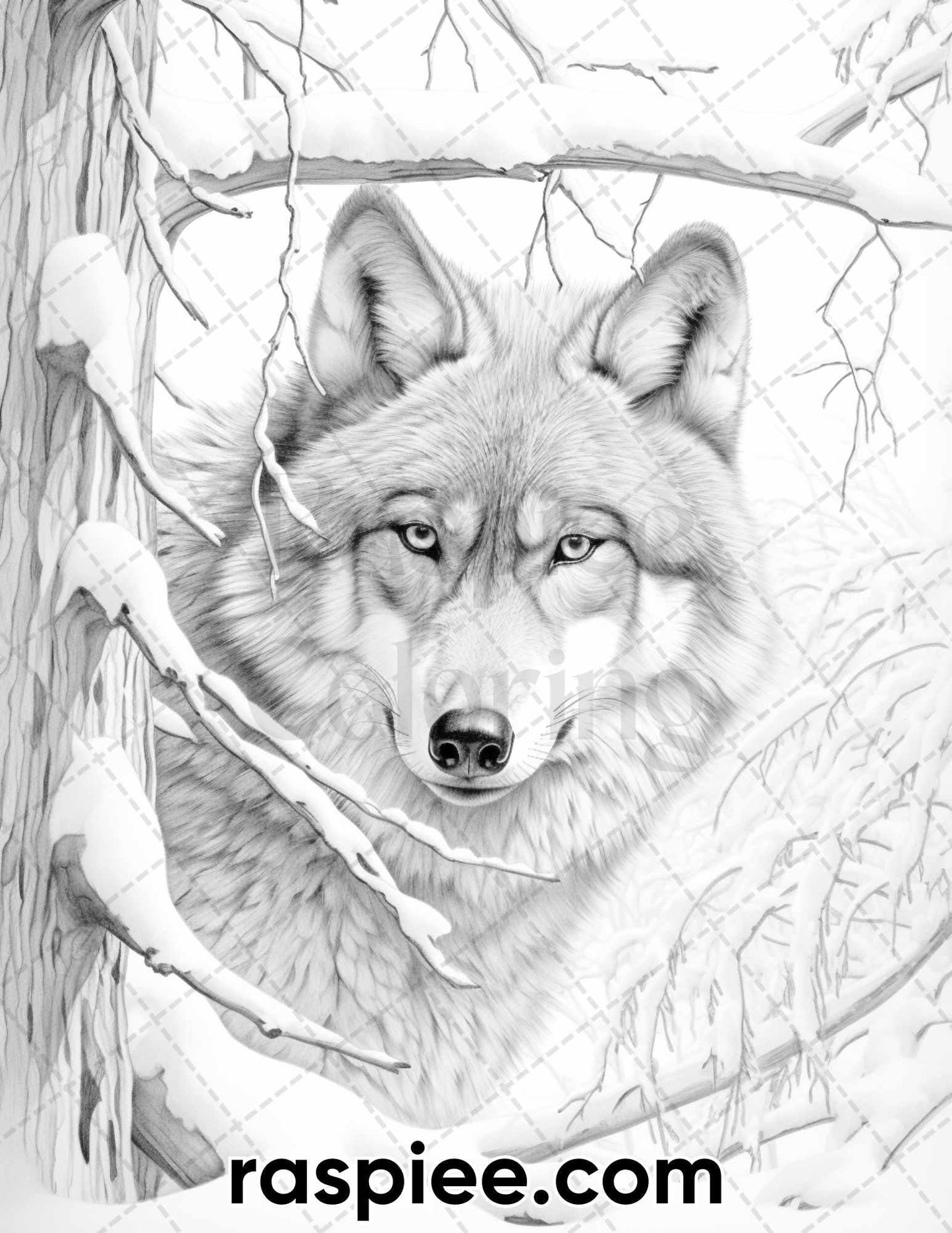 50 Winter Wolf Grayscale Coloring Pages for Adults, Printable PDF Instant Download