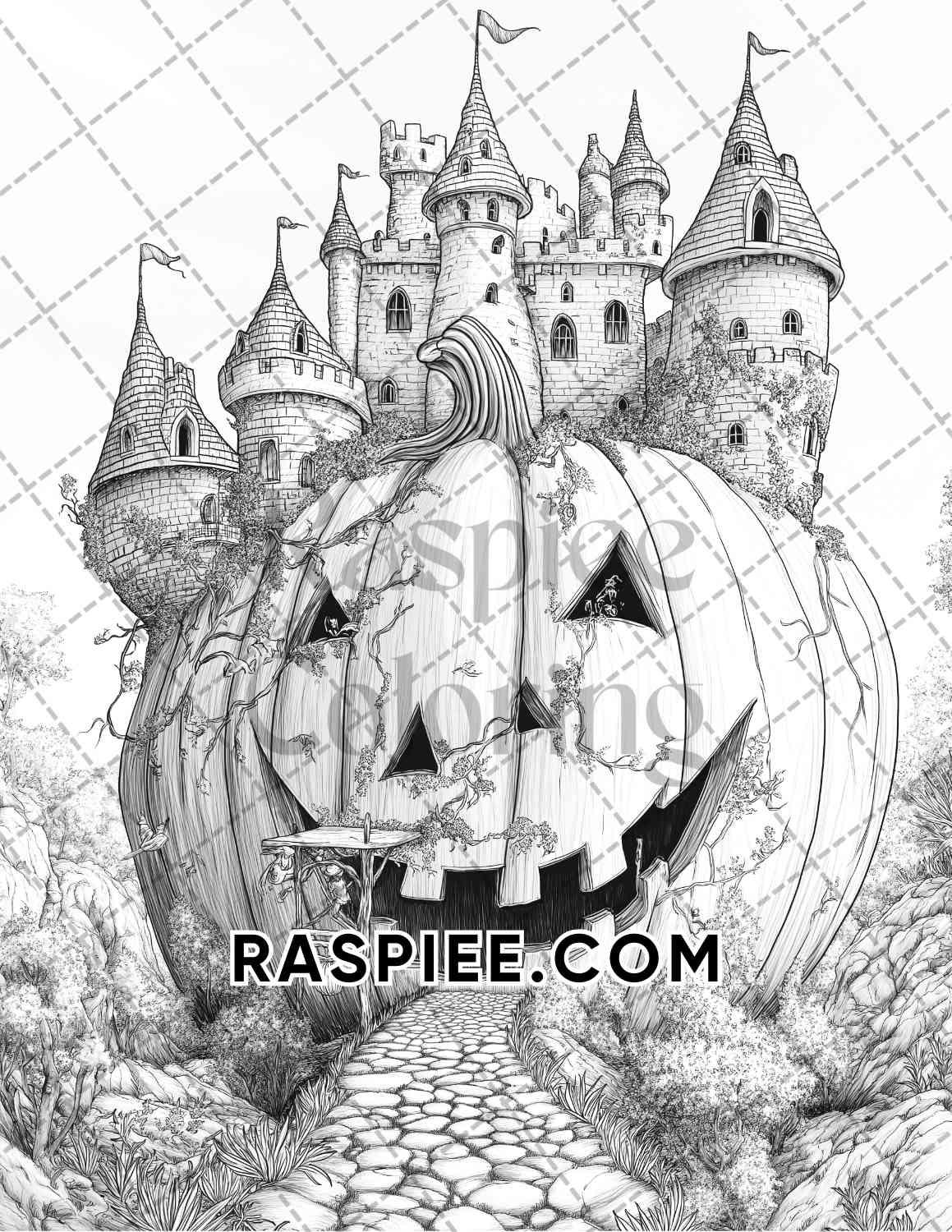 Fantasy Giant Pumpkin Castles Adult Coloring Pages Printable PDF Instant Download
