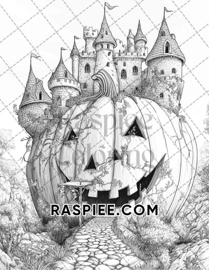 Fantasy Giant Pumpkin Castles Adult Coloring Pages Printable PDF Instant Download