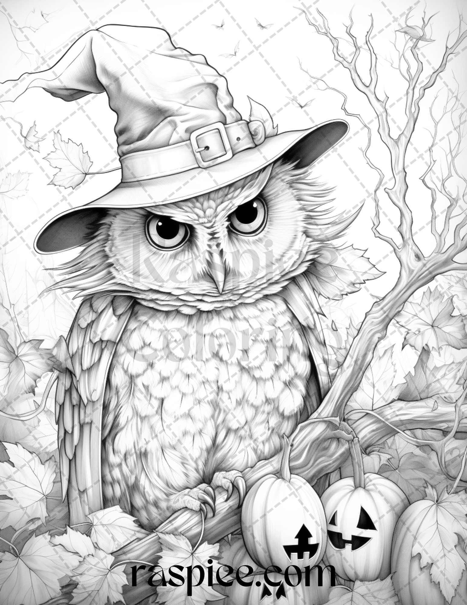 Halloween Witch Owl Grayscale Coloring Pages for Adults and Kids, Printable PDF Instant Download