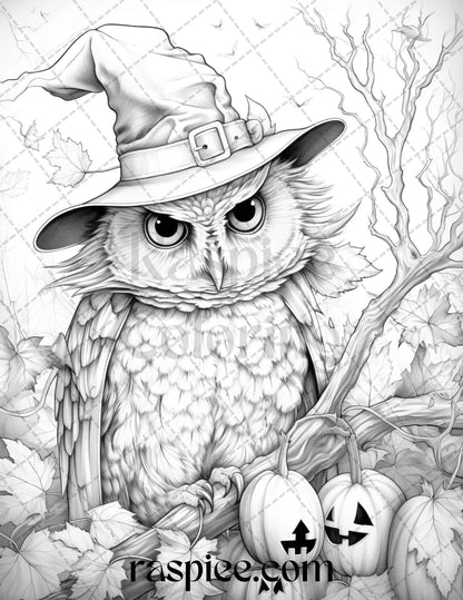 Halloween Witch Owl Grayscale Coloring Pages for Adults and Kids, Printable PDF Instant Download