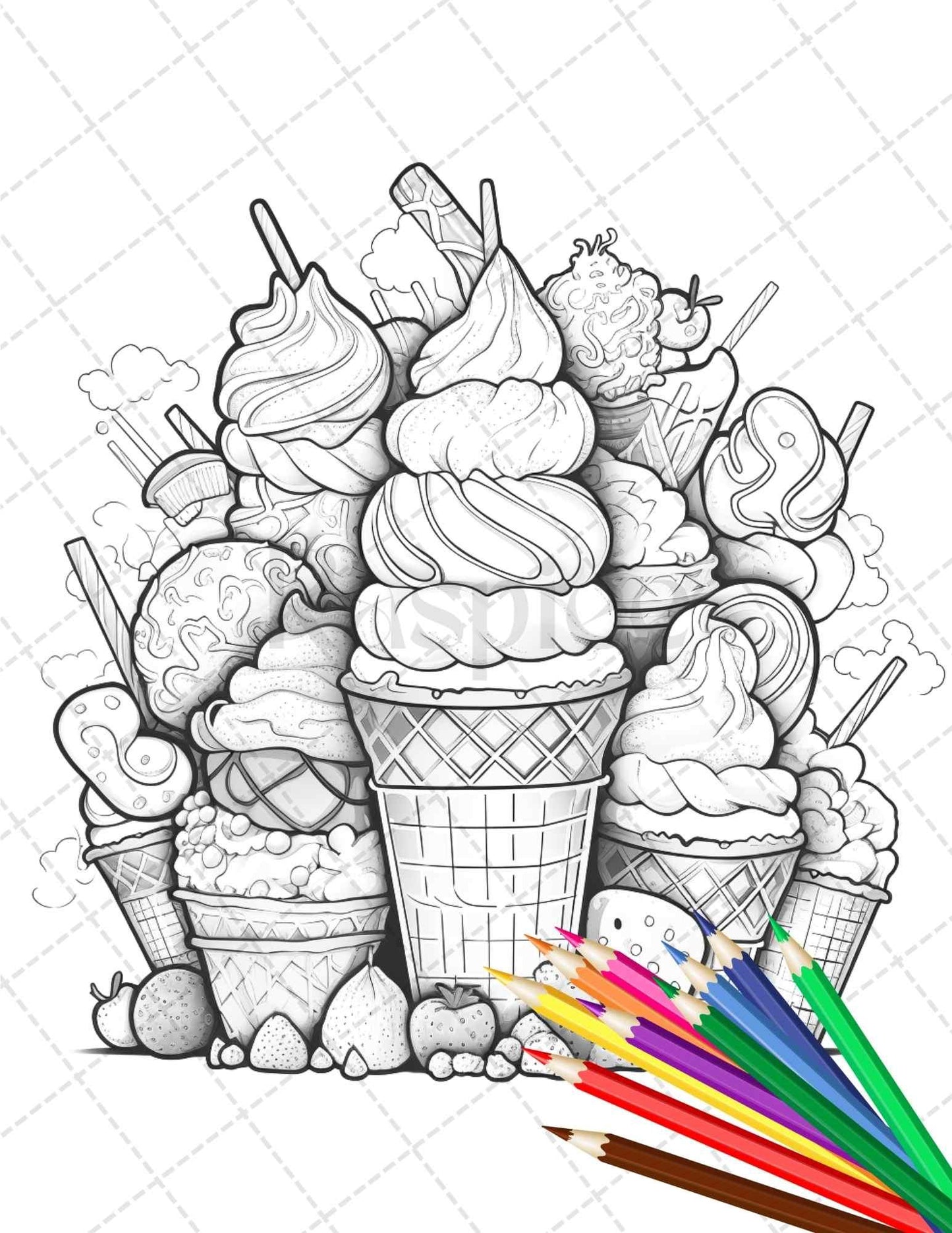 52 Printable Ice Cream Desserts Coloring Pages for Adults and Kids, Grayscale Coloring Page, PDF File Instant Download