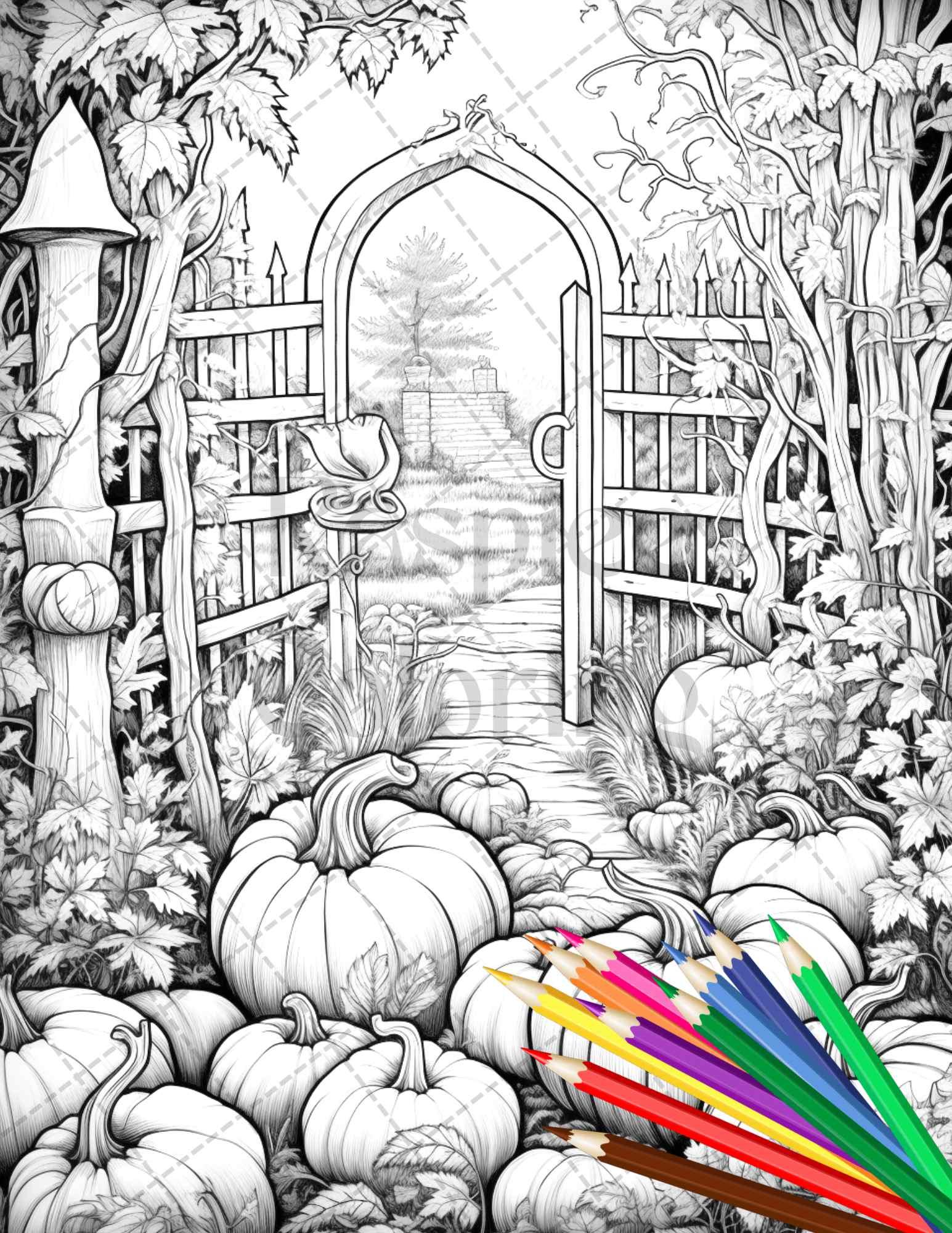 Pumpkin Garden Scenery Grayscale Coloring Pages Printable for Adults, PDF File Instant Download