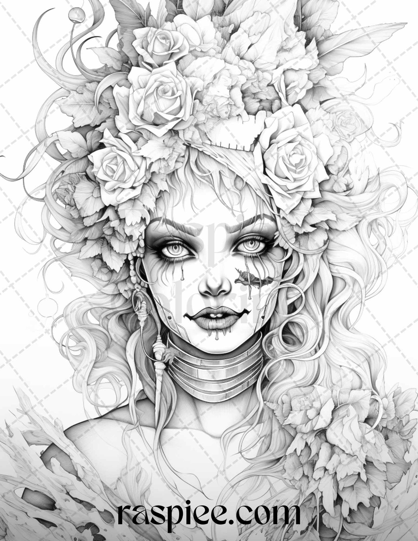50 Scary Clown Girls Grayscale Coloring Pages Printable for Adults, PDF File Instant Download