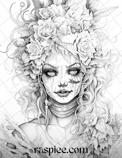 50 Scary Clown Girls Grayscale Coloring Pages Printable for Adults, PDF File Instant Download