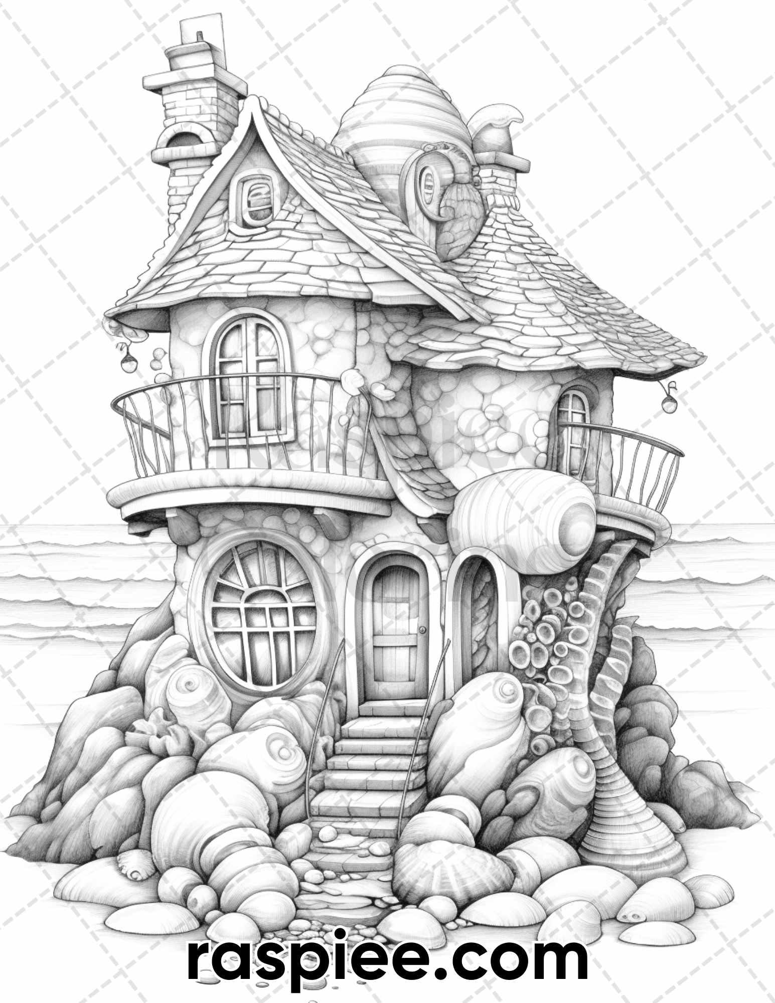 50 Seashell Houses Grayscale Adult Coloring Pages, Printable PDF Instant Download