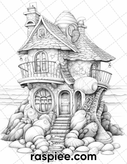 50 Seashell Houses Grayscale Adult Coloring Pages, Printable PDF Instant Download