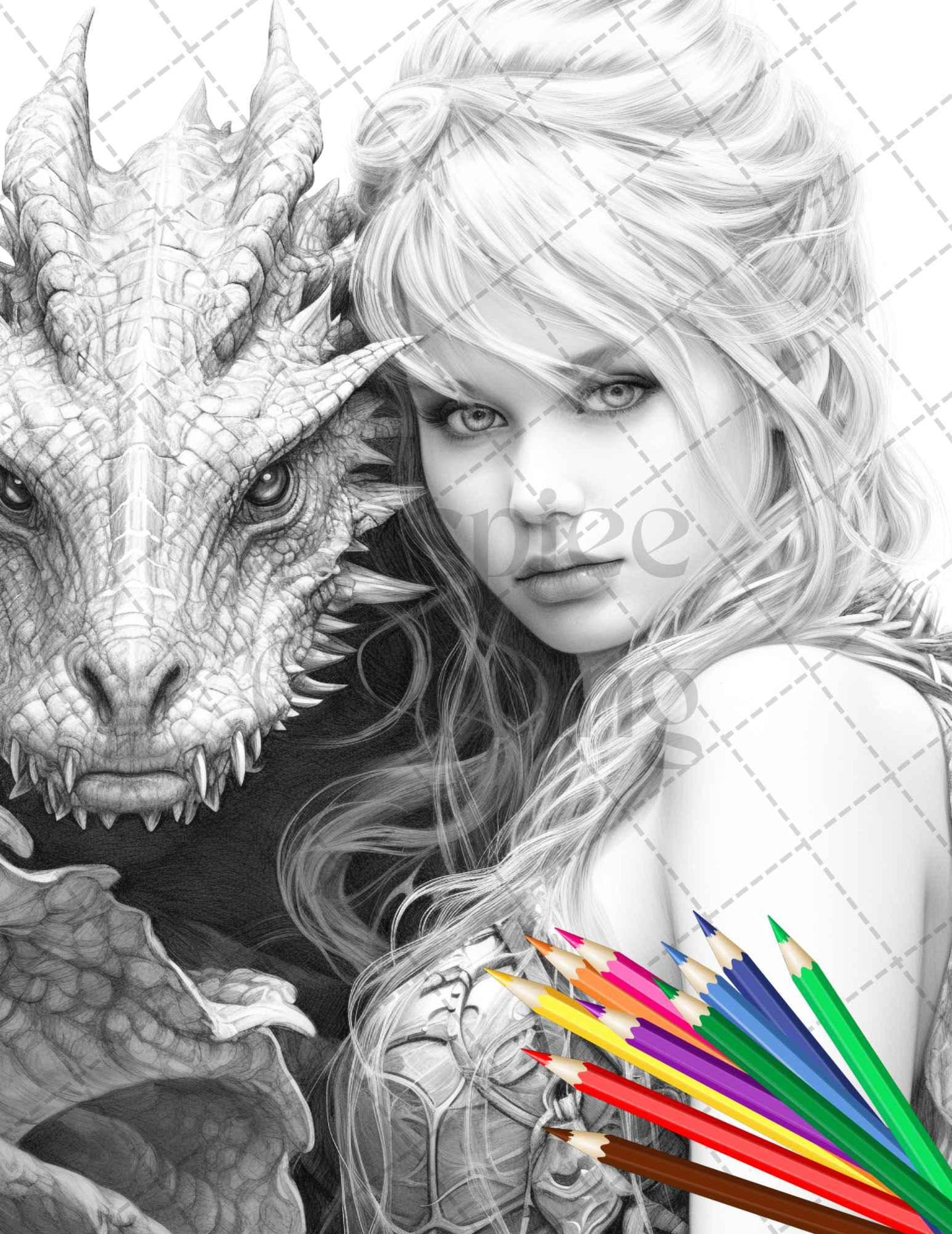 Enchanted Dragon Queens Grayscale Coloring Pages Printable for Adults, PDF File Instant Download