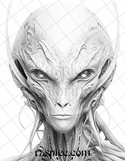 65 Alien Portrait Grayscale Coloring Pages for Adults, Printable PDF File Instant Download