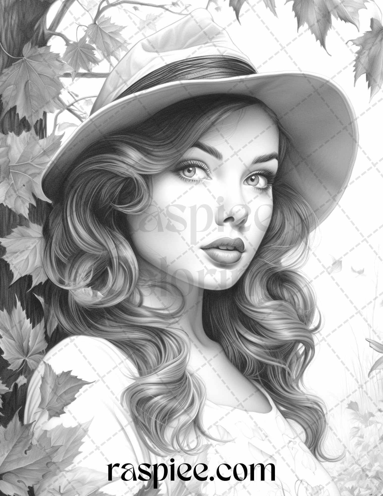 55 Autumn Pin Up Girls Grayscale Coloring Pages Printable for Adults, PDF File Instant Download