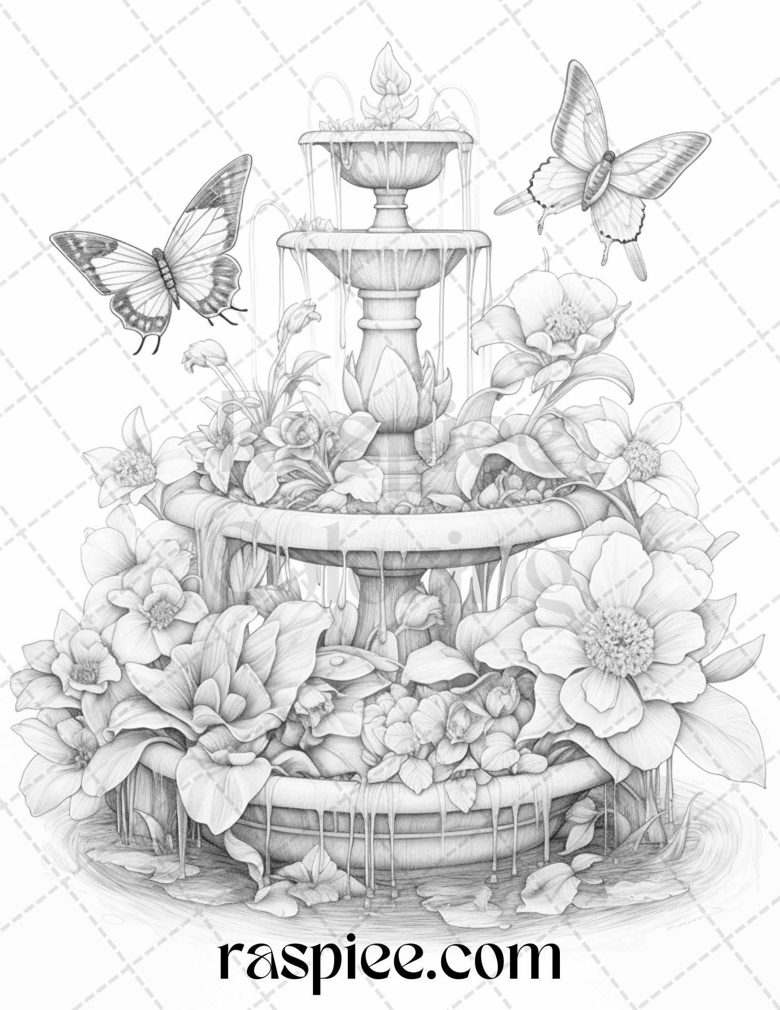 32 Blooming Fountains Grayscale Coloring Pages Printable for Adults, PDF File Instant Download