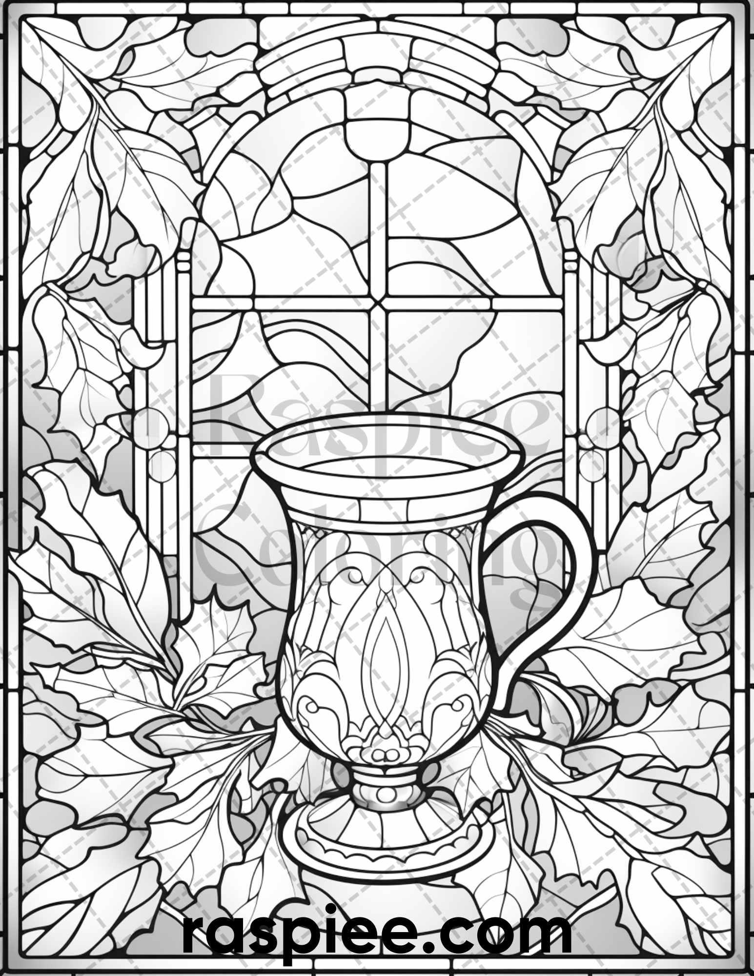 50 Christmas Stained Glass Grayscale Coloring Pages for Adults, Printable PDF File Instant Download