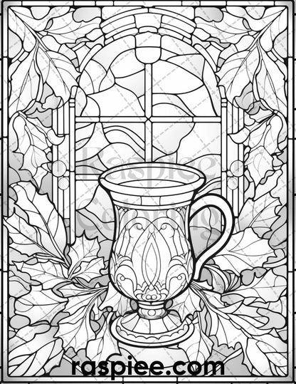 50 Christmas Stained Glass Grayscale Coloring Pages for Adults, Printable PDF File Instant Download