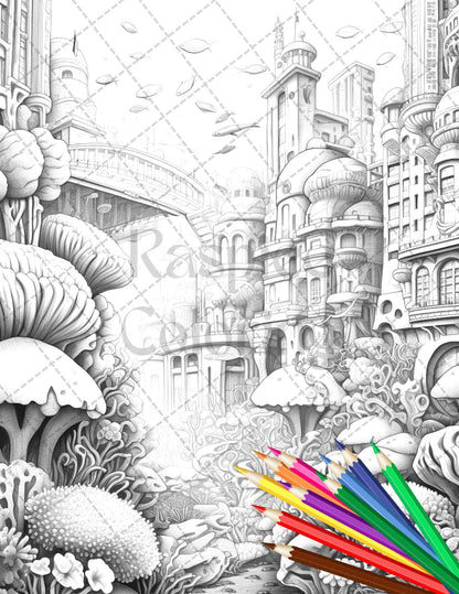Enchanted Underwater City Grayscale Coloring Pages Printable for Adults, PDF File Instant Download