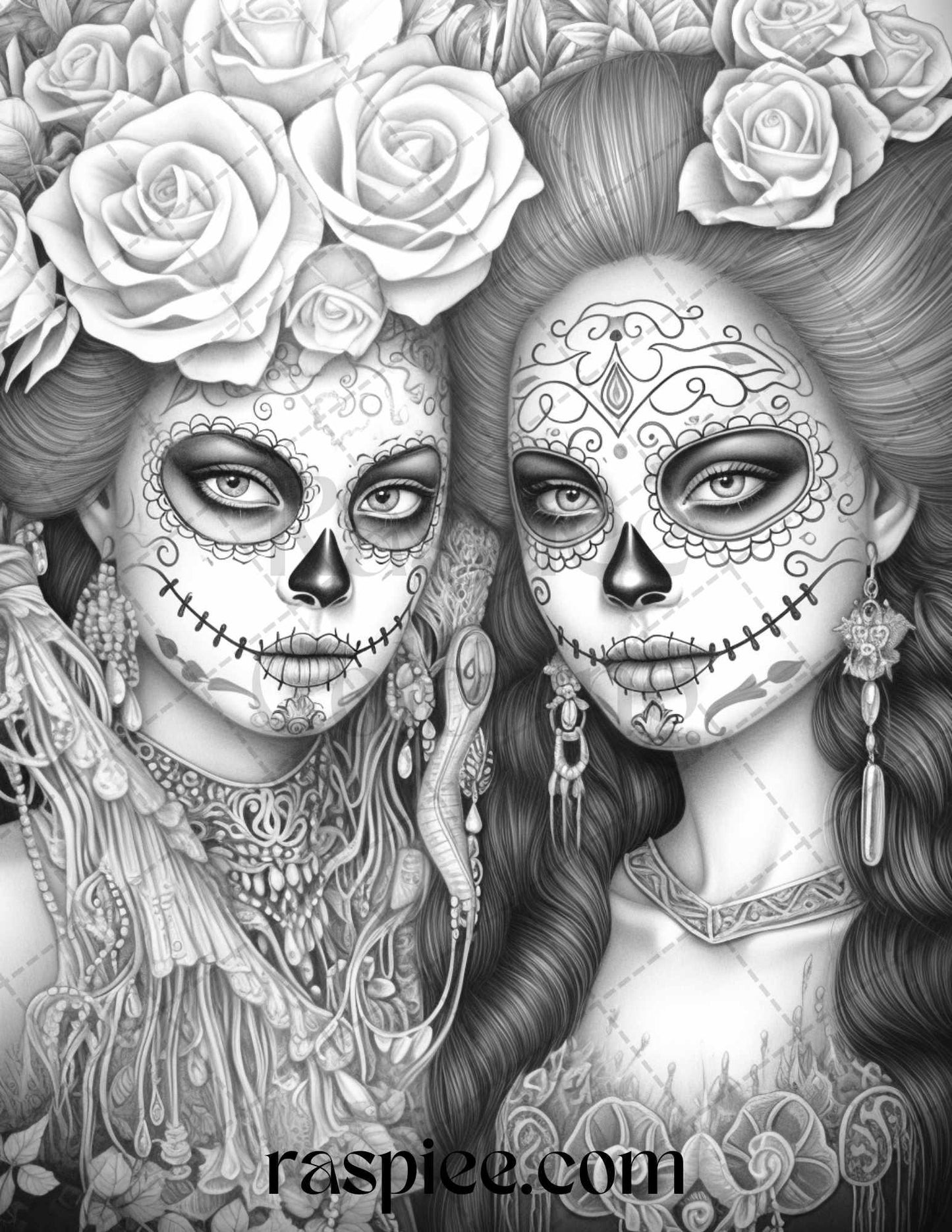 50 Day of the Dead Grayscale Coloring Pages Printable for Adults, PDF File Instant Download