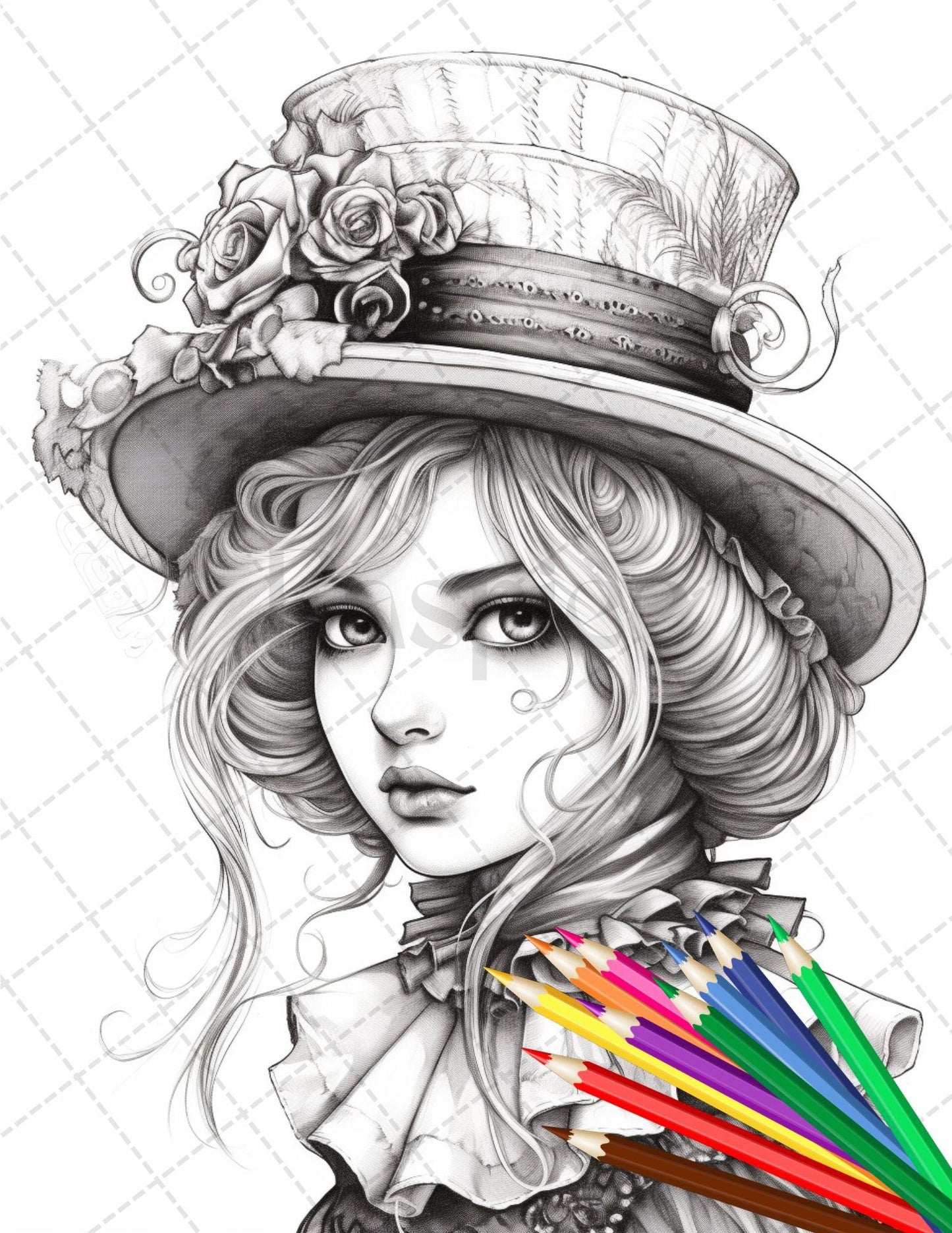 36 Beautiful Victorian Girls Coloring Pages Printable for Adults, Grayscale Coloring Page, PDF File Instant Download