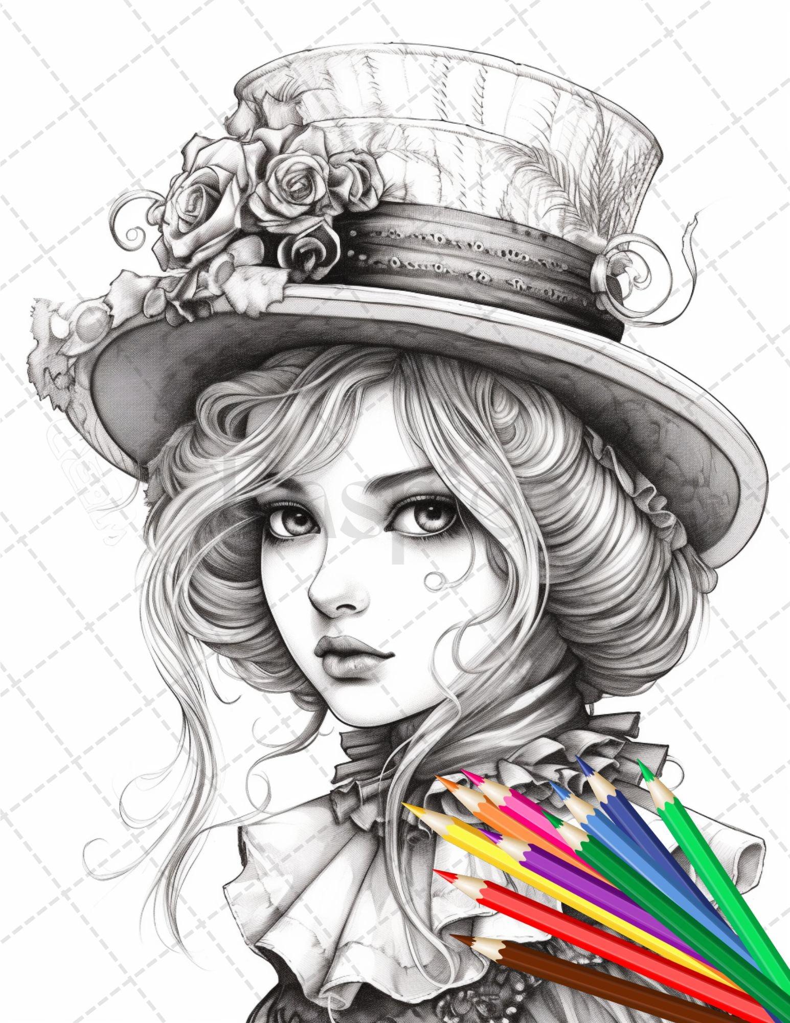 36 Beautiful Victorian Girls Coloring Pages Printable for Adults, Grayscale Coloring Page, PDF File Instant Download