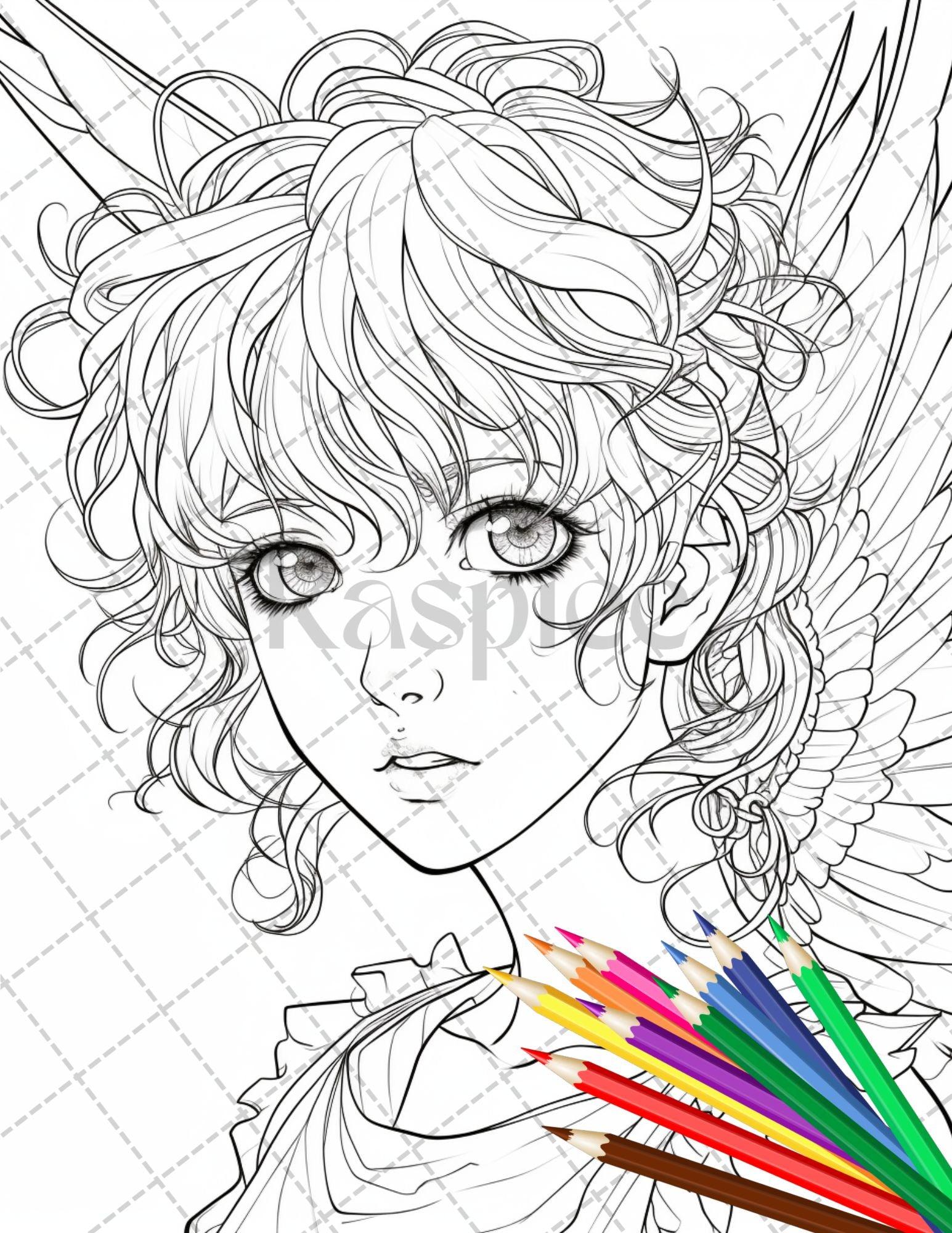 32 Anime Fairy Girl Printable Coloring Pages for Adults, Cute Fairy Grayscale Coloring Book, Printable PDF File Download
