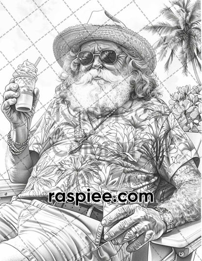 60 Santa Christmas in July Grayscale Adult Coloring Pages Printable PDF Instant Download