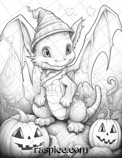 50 Cute Pumpkin Dragons Graycale Coloring Pages for Adults and Kids, Printable PDF File Instant Download